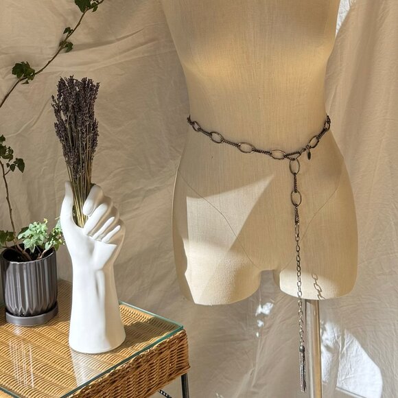 Tarnished Aged Silver Metal Asymmetrical Avant Garde Chain Belt - Picture 2 of 7